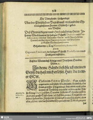 Die Vierzehende Leichpredigt, Uber der … Begräbnuß … der Frawen, Elisabethae, gebornen Weissin Deß … Herrn Johannis Winckelmanni … Haußfrawen