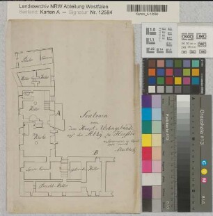 Herford (Herford) Abtei Hauptwohngebäude Grundriß des Souterrains 1808 70 rh. Fuß = 15,2 cm 33,5 x 22,5 Zeichnung Menckhoff Abtei Herford, Akten XXXIX Nr. 9b (aufgelöst)
