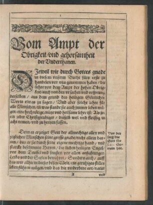Vom Ampt der Obrigkeit/ und gehorsamheit der Underthanen.
