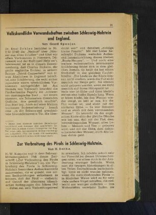 Volkskundliche Verwandschaften zwischen Schleswig-Holstein und England