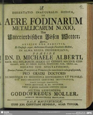 Dissertatio Inauguralis Medica, De Aere Fodinarum Metallicarum Noxio, Von Unterirrdischen Bösen Wetter