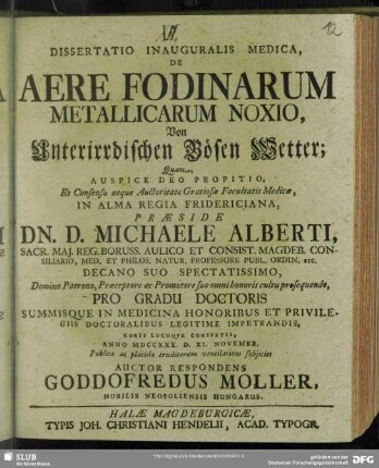 Dissertatio Inauguralis Medica, De Aere Fodinarum Metallicarum Noxio, Von Unterirrdischen Bösen Wetter