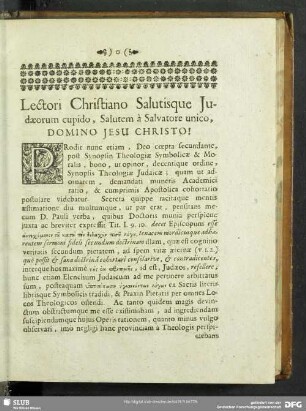 Lectori Christiano Salutisque Iudaeorum cupido, Salutem a Salvatore unico, Domino Jesu Christo!
