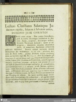 Lectori Christiano Salutisque Iudaeorum cupido, Salutem a Salvatore unico, Domino Jesu Christo!