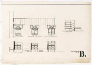 Wohn-Werksiedlung Märkisches Viertel, Berlin-Reinickendorf Gerätehof der Stadtreinigung: Grundrisse, Ansichten von Süden, Schnitt, Wohngebäude mit Werkhalle, Blattnummer B2, 1:500