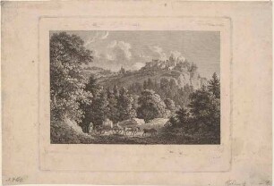Die Burg Hohnstein in der Sächsischen Schweiz von Westen über das Polenztal aufgenommen, im Vordergrund ein Fuhrwerk, II. Zustand