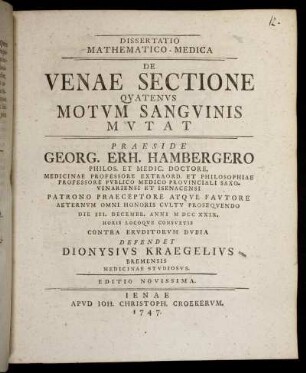 Dissertatio Mathematico-Medica De Venae Sectione Quatenus Motum Sanguinis Mutat