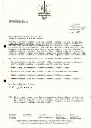 Einladung, Kurzprotokoll: Projekte zum IBA-Berichtsjahr 1984, Besprechung 12.5.1983