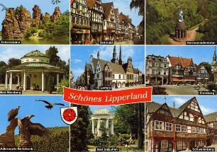 Postkarte. Schönes Lipperland. Externsteine, Detmold, Hermannsdenkmal, Bad Meinberg, Lemgo, Blomberg, Adlerwarte Berlebeck, Bad Salzuflen, Schwalenberg
