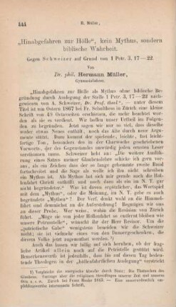 444-498 "Hingefahren zur Hölle", kein Mythos, sondern biblische Wahrheit : Gegen Schweizer auf Grund von 1. Petr. 3, 17-22