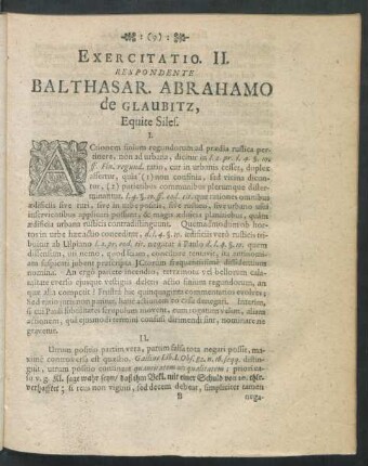 Exercitatio. II. Respondente Balthasar. Abrahamo de Glaubitz, Equite Siles.