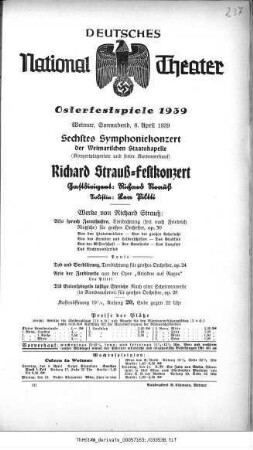 Osterfestspiele 1939 [...] Sechstes Symphoniekonzert [...] Richard Strauß-Festkonzert