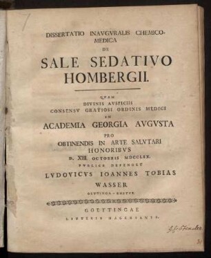 Dissertatio Inauguralis Chemico-Medica De Sale Sedativo Hombergii
