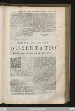 Henr. Mulleri Dissertatio De Baptismo pro Mortuis ad I. Cor. XV:29.