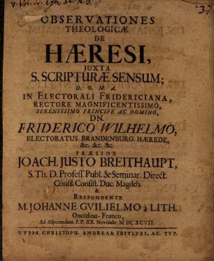 Observationes Theologicae De Haeresi, Iuxta S. Scripturae Sensum