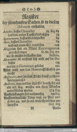 Register der fürnehmsten Sachen, so in diesem Discourse enthalten