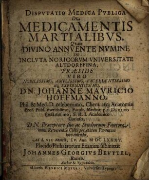 Disputatio Medica Publica De Medicamentis Martialibus