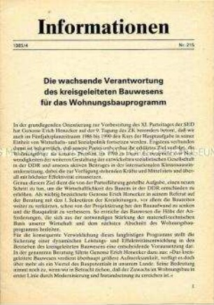Parteiinformation der SED zu Problemen des Bauwesens