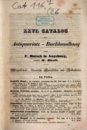 Catalog der ... Antiquariats-Buchhandlung Fidelis Butsch in Augsburg : [Bis Nr. 15.]: Birett, Wilh.: Verzeichniß gebundener Bücher ... = Catal. III, 5. 26