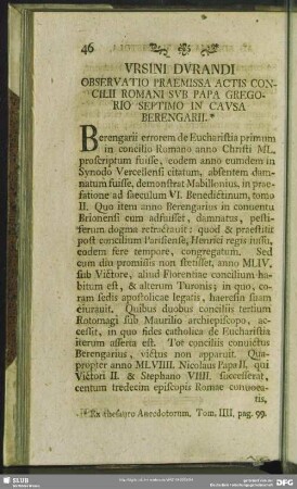 Ursini Durandi Observatio Praemissa Actis Concilii Romani Sub Papa Gregorio Septimo In Causa Berengarii