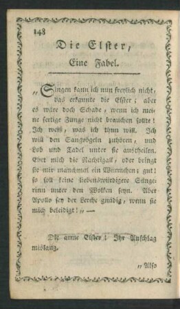 Die Elster, Eine Fabel.