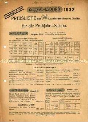 Preisliste für Landmaschinen u. Geräte für die Frühjahrs-Saison. 1932