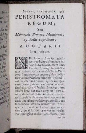 Peristromata Regum; Seu Memoriale Principis Monitorum, Symbolis expressum, Auctarii loco positum