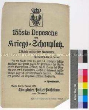 Kriegsdepesche des Königlichen Polizeipräsidiums Berlin über die Kriegsereignisse am 13. und 14. Januar 1871 bei Paris während des Deutsch-Französischen Krieges