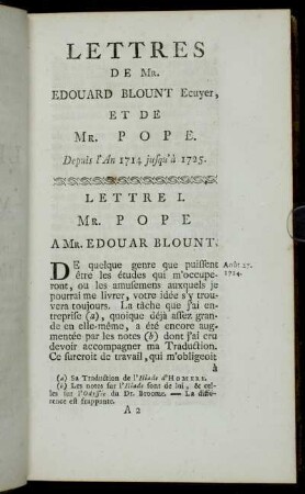 Lettres De Mr. Edouard Blount Ecuyer, Et De Mr. Pope. Depuis l'An 1714 jusqu' à 1725