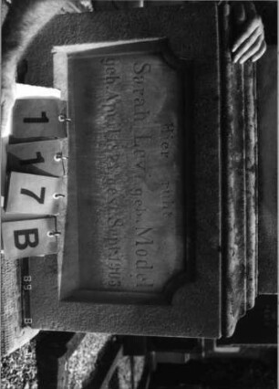 Grabstein 117 (Index: 99796766) Material: Sandstein Zustand: Giebel beschäd/Sockel-leicht verwitt. Maße HxBxT: 232x77x35 cm Beschreibung: Giebel m. Mittel-u. Eckakroteren, Schrift eingetieft m. rund eingezog. Ecken, Stele Symbolik: Blüten, Sternchen: Grabstein 117B