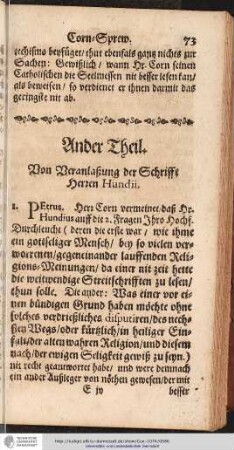 Ander Theil. Von Veranlaßung der Schrifft Herzen Hundii.