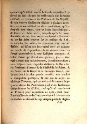 Arrest De La Cour De Parlement, Qui condamne Paul-René Du Truche De La Chaux, Ecuyer, ci-devant Garde du Roi, à faire amende honorable au-devant de la principale Porte de l'Eglise de Notre-Dame, devant celle du Palais des Tuileries ... : Extrait Des Registres Du Parlement. Du premier Février 1762.