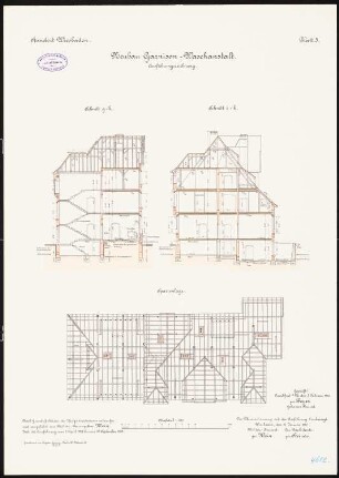 Artilleriekaserne, Wiesbaden Waschanstalt: Grundriss Sparrenlage, Querschnitte 1:100