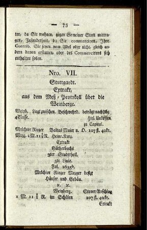 Nro. VII. Stuttgardt. : Extrakt, aus dem Meß-Protokoll über die Weinberge.
