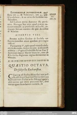 Quaestio Octava. De subiecto Eucharistiae.