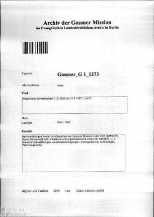 Allgemeiner Schriftwechsel 1.10.1956 bis 31.5.1957 (A-Z)