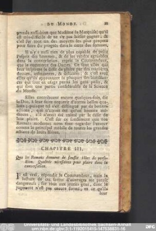 Chapitre III. Que les Romaus donnent de fausses idées de perfection. Qualités nécessaires pour plaire dans la conversation.