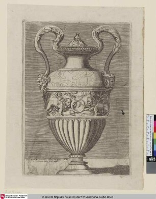 [Antike Vase mit zwei von Maskarons gestützten Henkeln und zwei Lorbeerranken durchschreitenden Löwen, die sich auf einen Ring zu bewegen]
