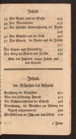 Inhalt, der Mährchen des Aesopus