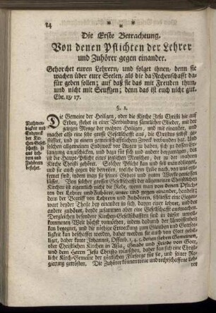 Die Erste Betrachtung. Von denen Pflichten der Lehrer und Zuhörer gegen einander – Die Andere Betrachtung. Von denen Pflichten der Obrigkeit und Unterthanen gegen einander