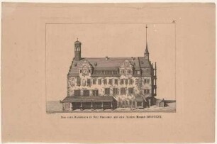 Das älteste Altstädter Rathaus an der Nordseite des Altmarktes in Dresden im Zustand von 1332 (1707 abgerissen), aus den Abbildungen zur Chronik Dresdens von 1835