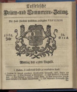 34. Stueck, Montag den 23ten Augusti 1762