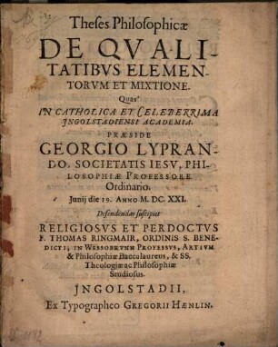 Theses Philosophicae De Qualitatibus Elementorum Et Mixtione