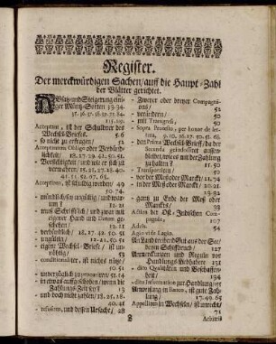 Register Der merckwürdigen Sachen/ auff die Haupt-Zahl der Blätter gerichtet.