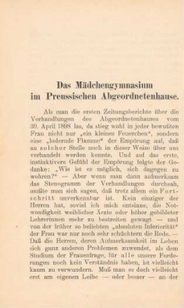 Das Mädchengymnasium im Preussischen Abgeordnetenhause
