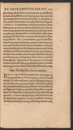 Cap. 5. De Baptismo Et eius primo fine.