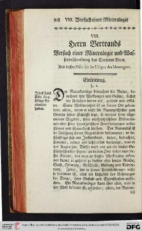 VIII. Herrn Bertrands Versuch einer Mineralogie und Wasserbeschreibung des Cantons Bern