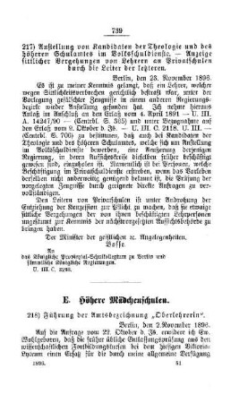 Führung der Amtsbezeichnung "Oberlehrerin" : [E. Höhere Mädchenschulen]