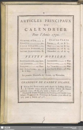 Articles Principaux Du Calendrier Pour L'Année 1750