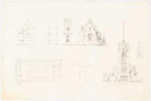 Kirche mit 933 Plätzen: Grundriss Erdgeschoss, Aufriss Turmseite, Chorseite, Seitenschiff (Teilansicht), Turmansicht (Teilansicht), Längaschnitt, Querschnitt, mehrere Berchnungen
